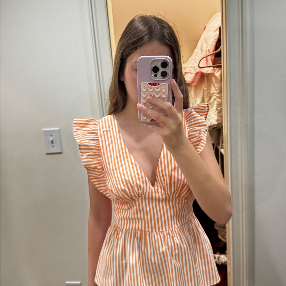 Striped Orange Ruffle Sleeve Blouse